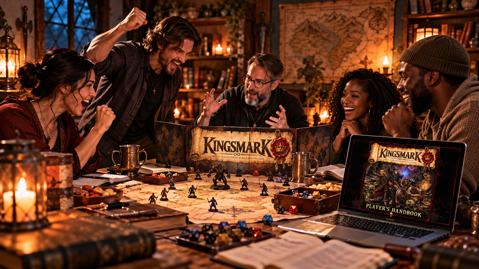 Kingsmark - Friends Playing TTRPG - Game Master Screen - Digital Rulebook