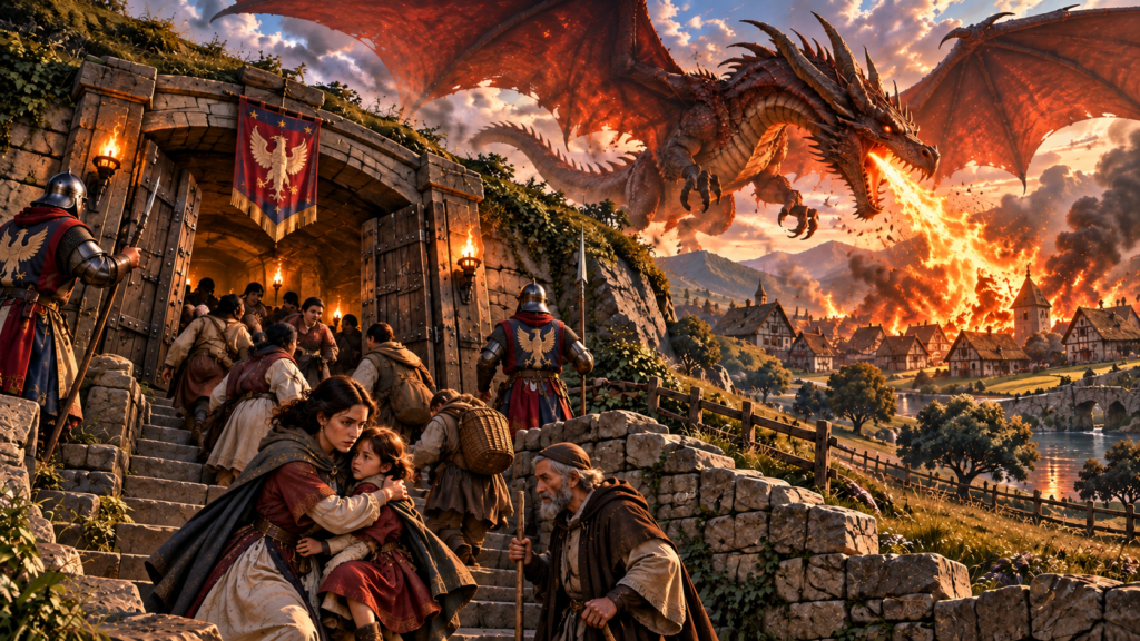 Taking Shelter from Dragon Fire - Red Dragon - Kingsmark TTRPG